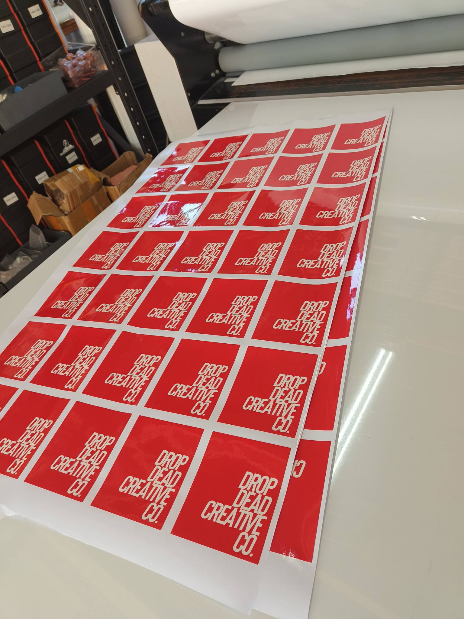 Red sticker sheets on printer